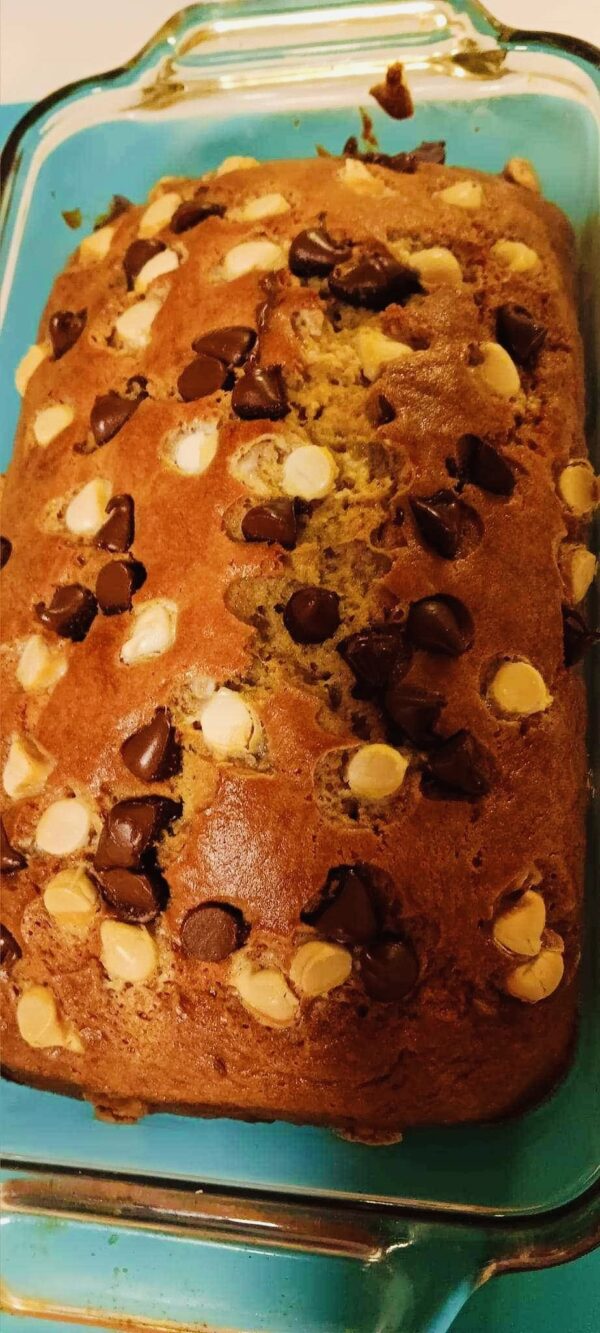 Banana bread with white and chocolate chips